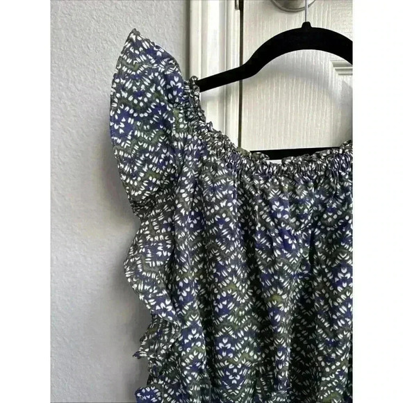 MICHAEL KORS Abstract Green Blue Print Ruffle Top Size S Elastic Waist - Picture 3 of 8